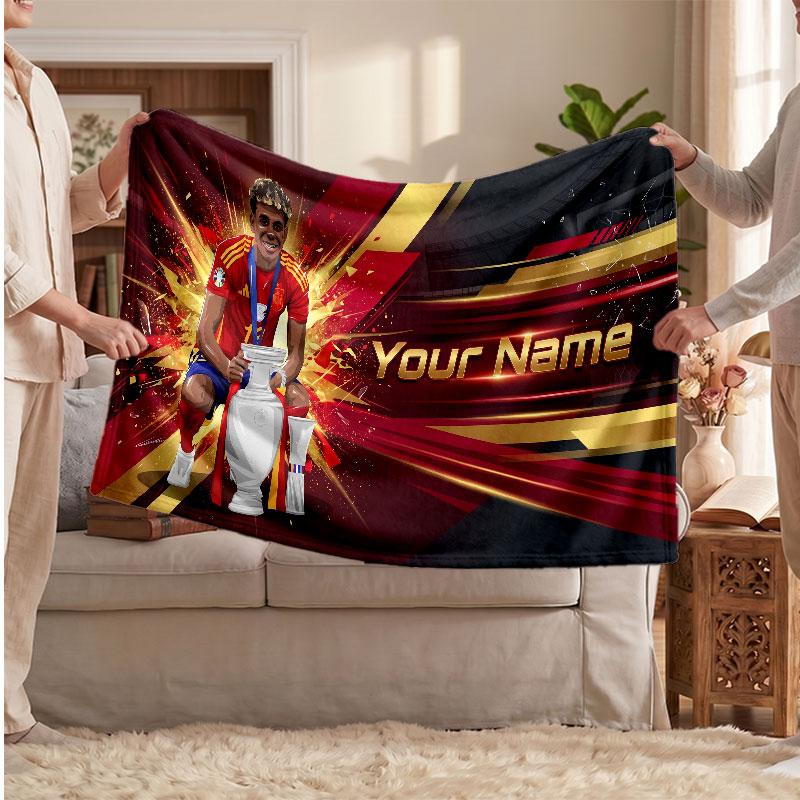 Coperta in pile personalizzata Lamine Yamal con logo del calcio, testo con nome personalizzato, morbida, calda, coperta da divano per la casa