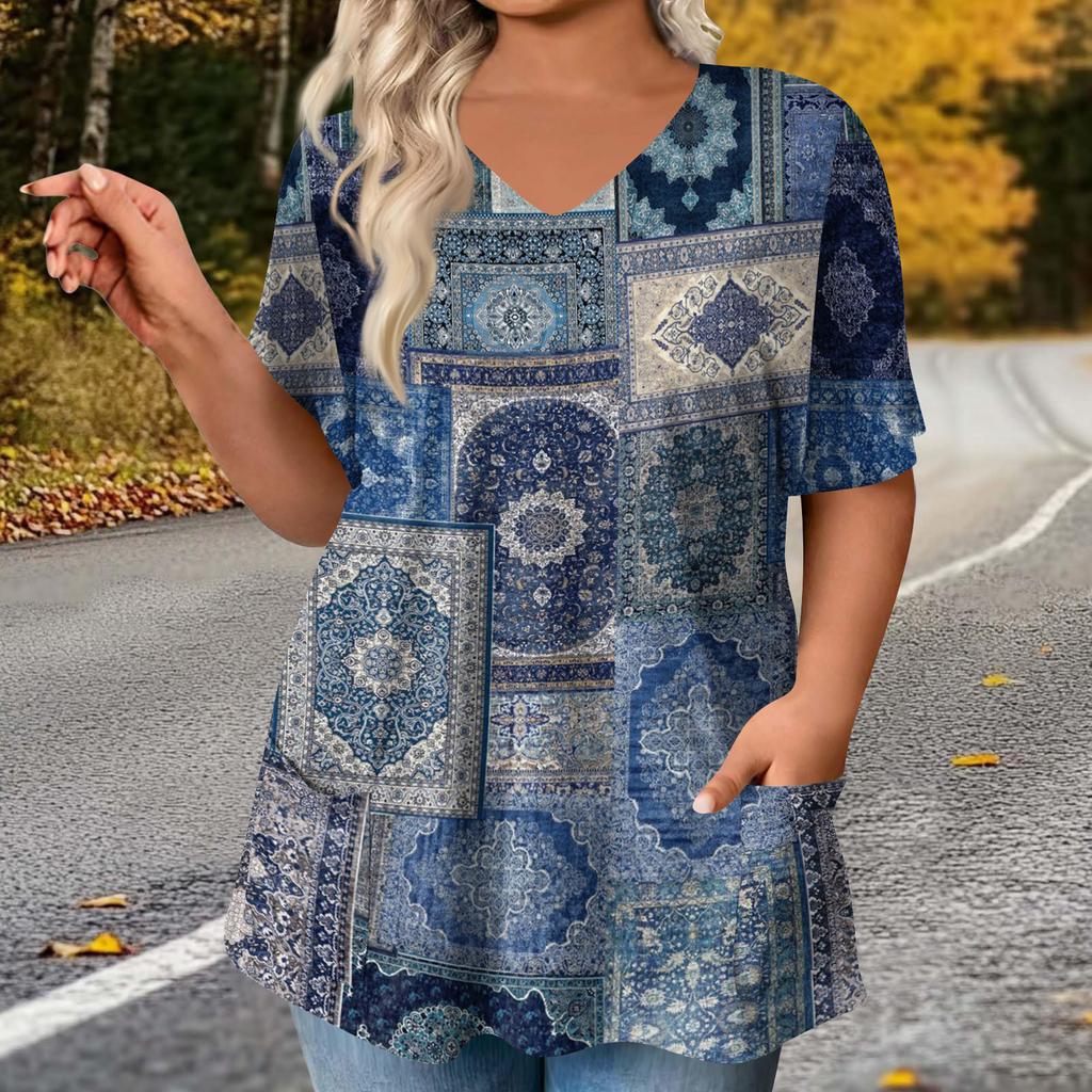 Women's Fashion Plus Size Printed Short Sleeve Blouse For Elegant Commuting And Casual Wear