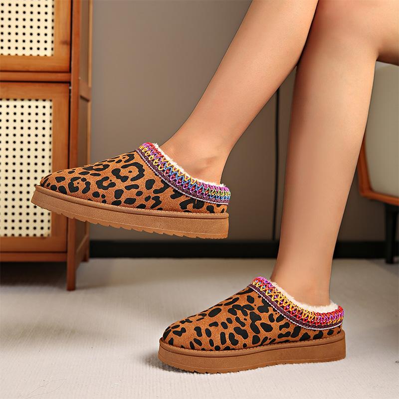 Fashion Leopard Flat Snow Boots for Women 2025 Winter Warm Comfort Thick Cotton Slippers Woman Plus Size Soft Thick-Soled Cotton Boots