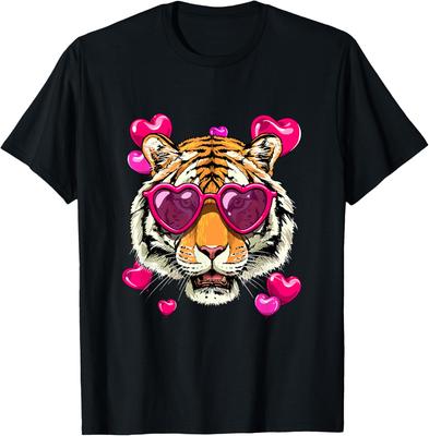 Tiger mit Herz Sonnenbrille Valentinstag Grafik T-Shirt Lässiges Kurzarm-T-Shirt