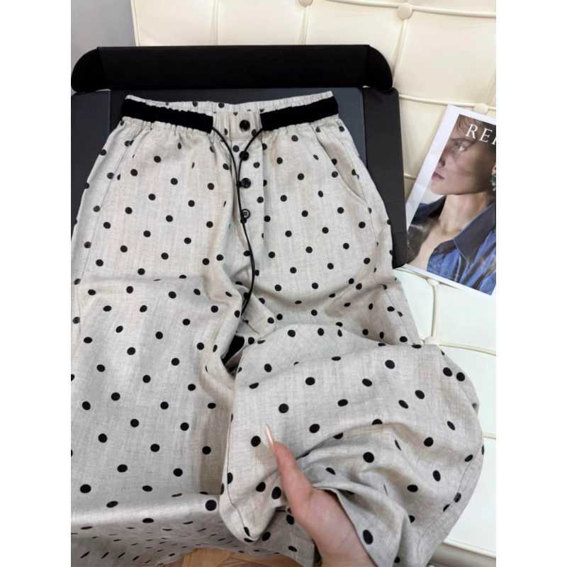 Women s Polka Dot Linen Blend Wide Leg Pants Elastic Waist Casual Trousers M