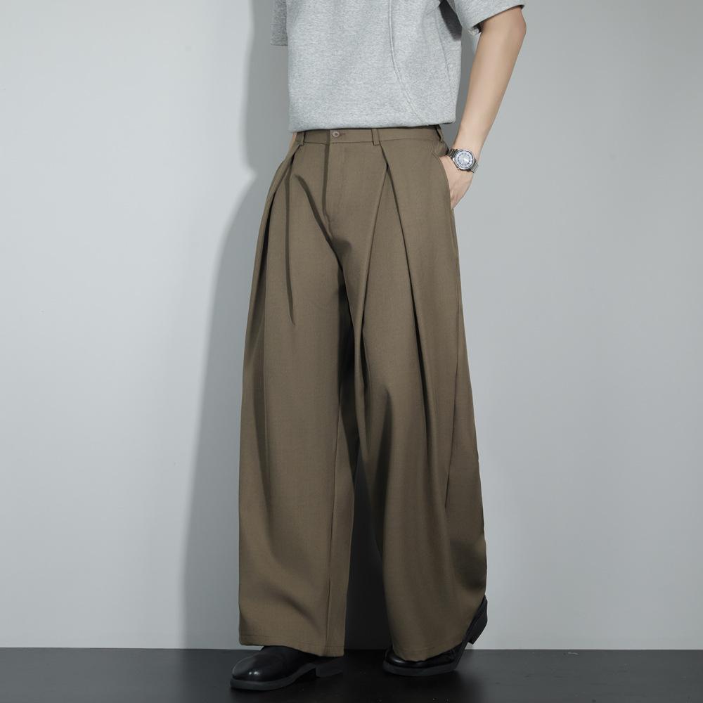 Summer New Three-dimensional Pleated Wide-leg Loose Suit Pants Men's Silhouette Non-ironing Casual Straight Trousers Men