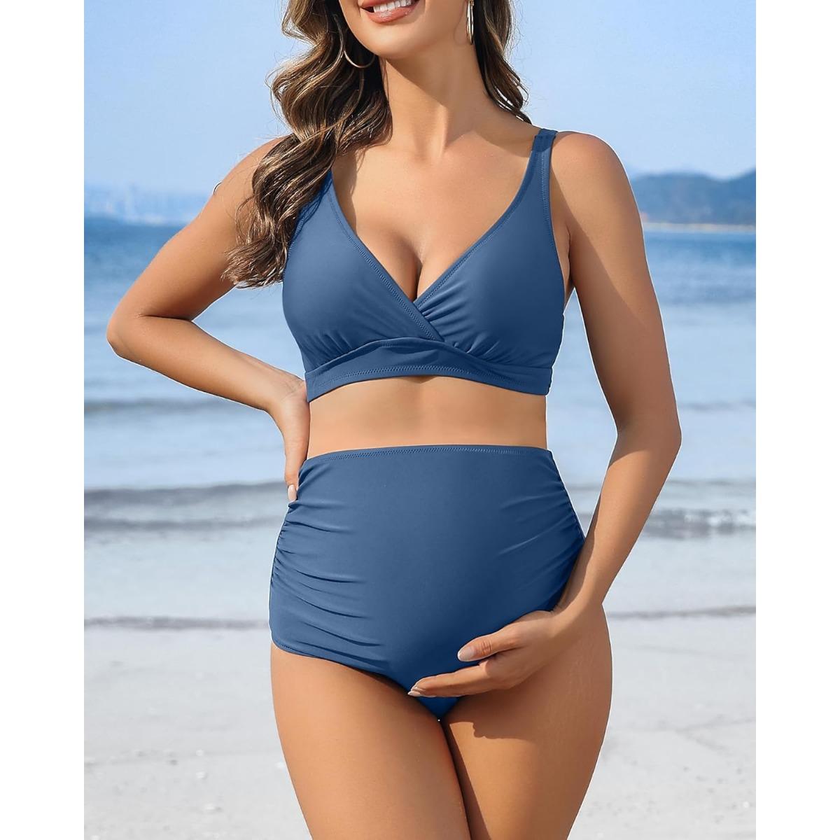 

Charmleaks Купальник для беременных с высокой талией Комплект бикини с v-образным вырезом для беременных Купальники с эффектом пуш-ап из двух предметов Купальники M синий