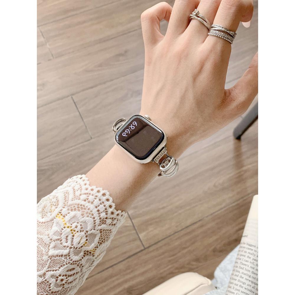 Women Metal Leather Watch Band for Apple Watch Series Ultra 11/10/9/8/7 SE Splice Leather Strap for 38 40/41/42/44/45/46/49mm Replacement Bracelet