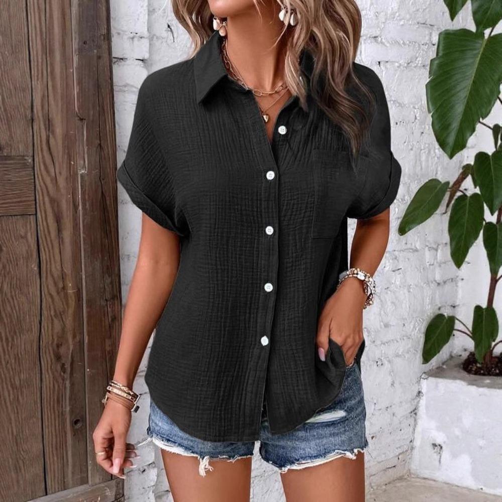 

Летняя женская повседневная однотонная рубашка из мятой ткани с пуговицами и короткими рукавами XXL чёрный