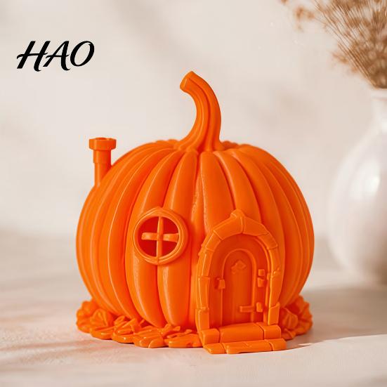 Halloween Pumpkin House Ornament 3D Printed for Halloween, Miniature Fairy Tale Cabin Decorative PLA Figure Desktop Decoration, Micro Landscape