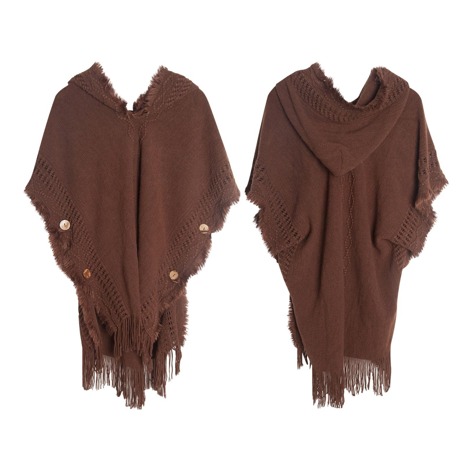 

Женская шаль на пуговицах в стиле бохо с бахромой, вязаный пуловер, накидка с капюшоном One Size кофейный