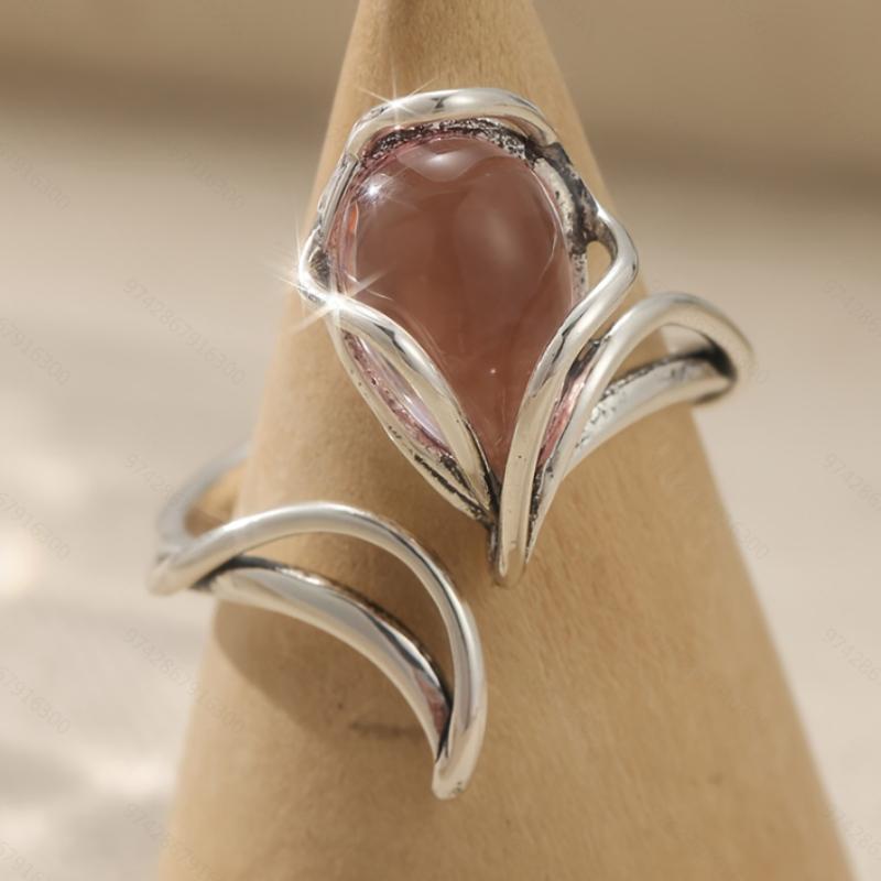 Vintage And Trendy Pink Color Teardrop Shaped Zircon Inlaid Open Ring, A Lovely Daily Holiday Accessory Gift For Women