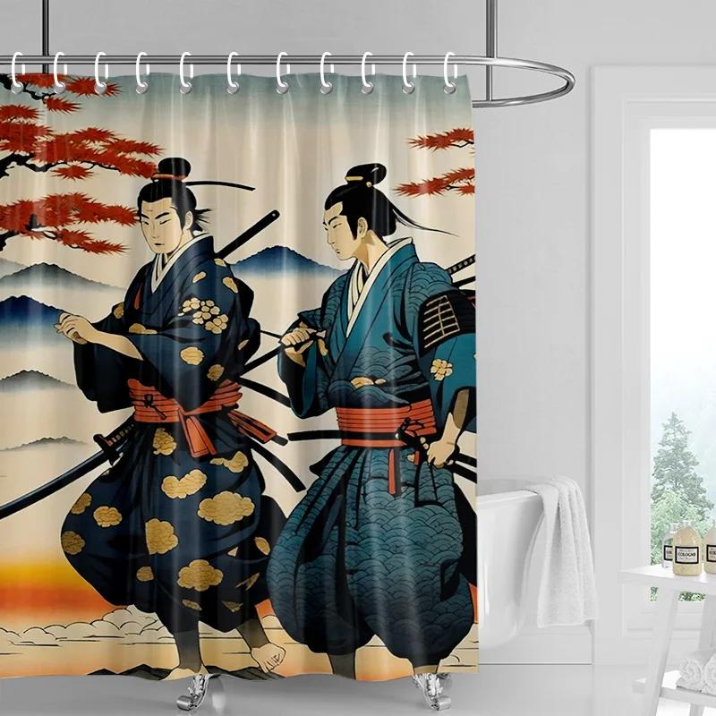 Japanese-style Gogi Retro Character Printed Shower Curtain Fading-resistant Bathroom Partition Curtain for Hotel Home Decoration