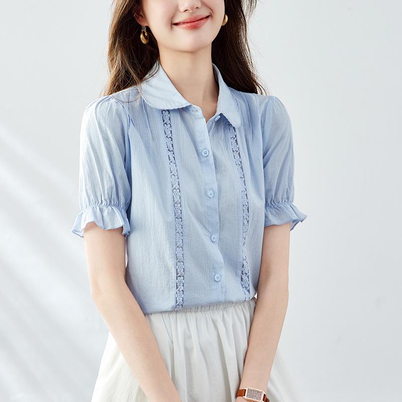 

Кружевная ажурная белая рубашка для женщин, летний топ с короткими рукавами, нишевый дизайн, темпераментная рубашка XXL синий