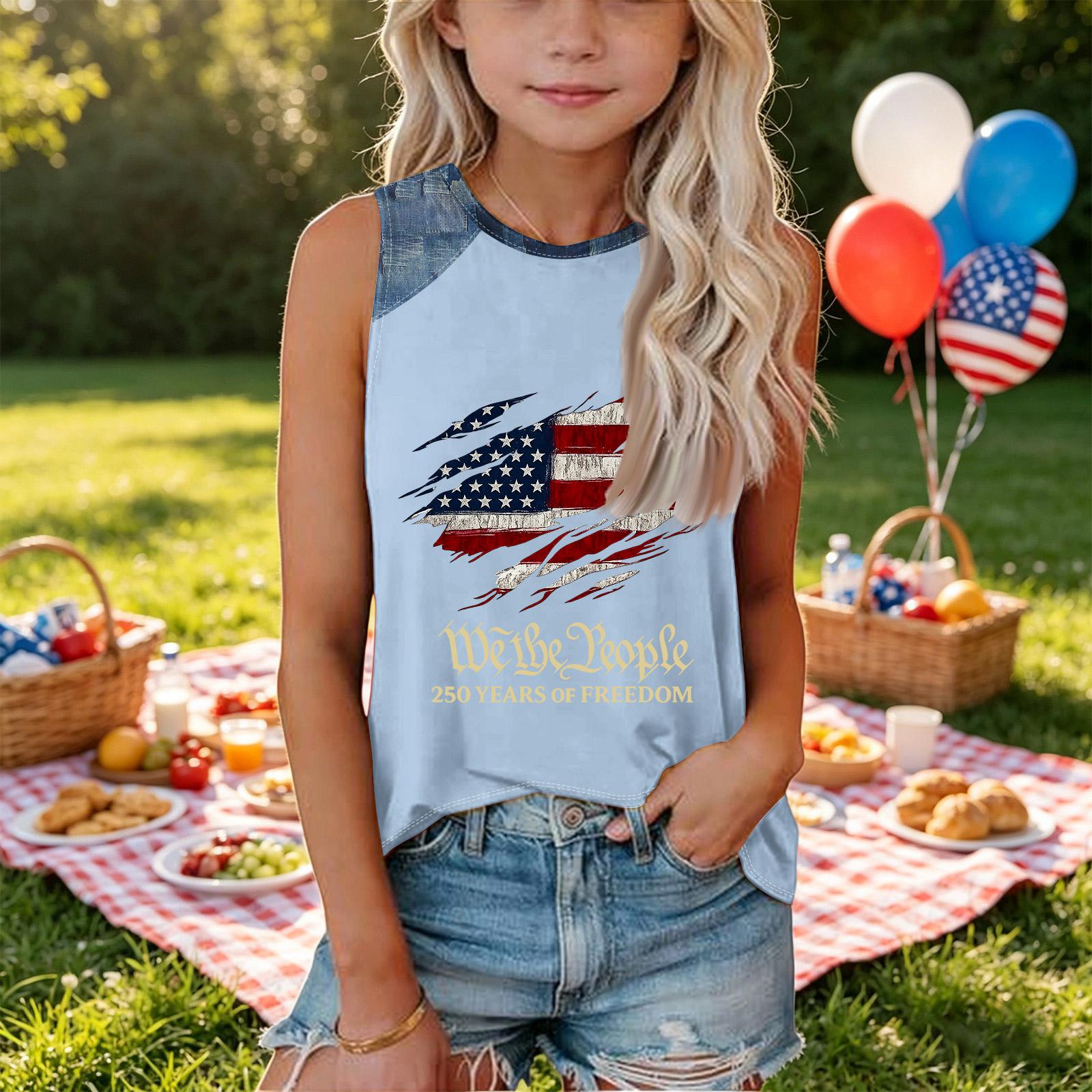 

Sleeveless Loose Fit Tank Top American Flag Print Round Neck Casual Summer T Shirt for Women Denim Patchwork Design 160