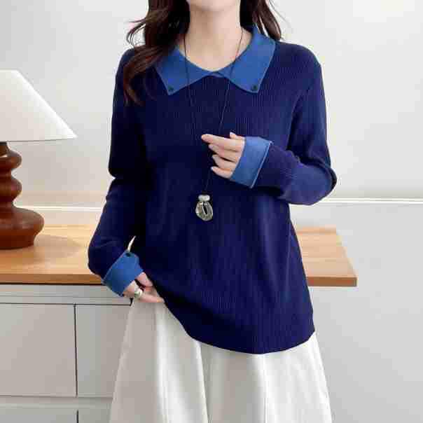 

F51 Plus Size Women s Slimming Small Lapel Color Block Knit Sweater – Autumn/Winter Korean Style for Chubby Girls XL (120-140 jin) синий