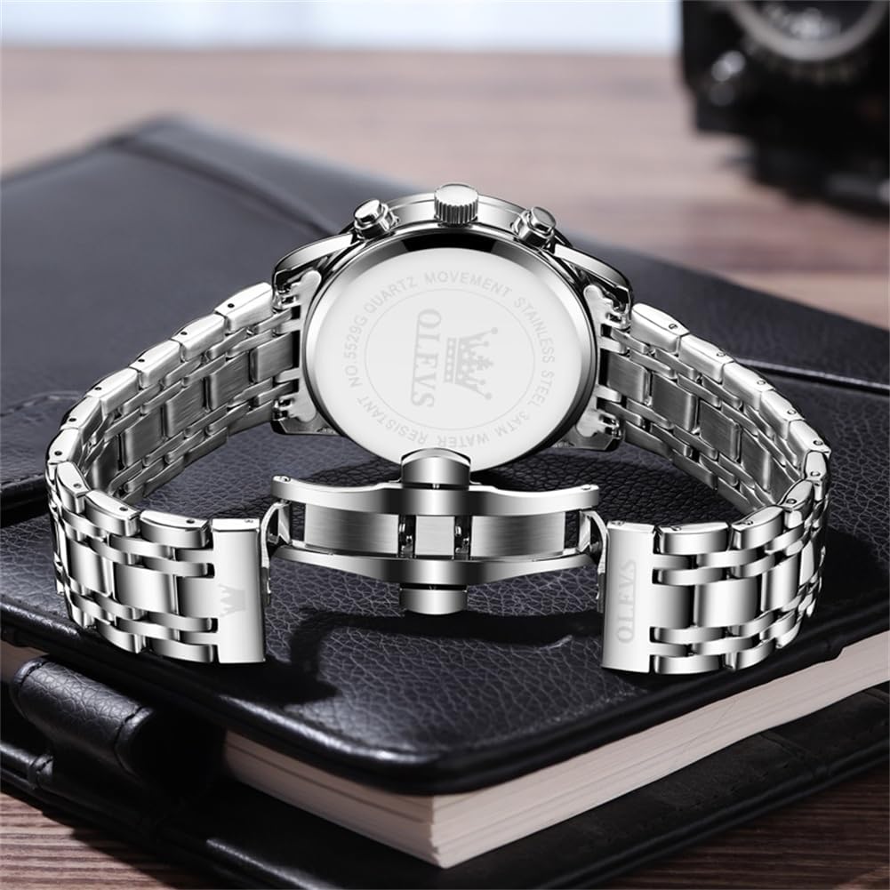 OLEVS Men's Quartz Watch Water-Resistant, Date Display, Luminous Hands, Stainless Steel Band, Black