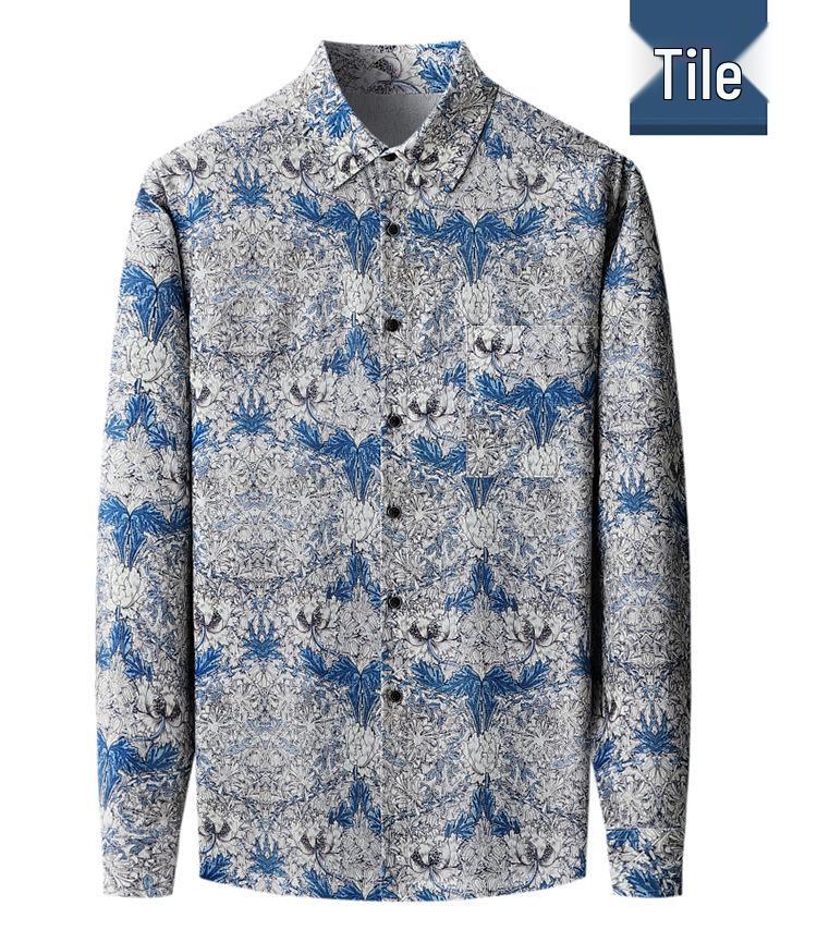 Spring & Autumn Men's Plus Size Printed Cotton Linen Shirt - Business Casual, Long Sleeve.