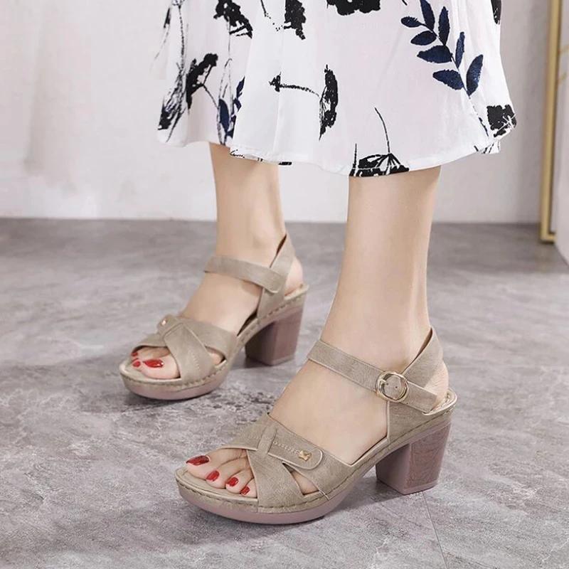 Women's Sandals Leather Platform Sandal Summer Thick Sole High Heels Ladies Sandal Summer Shoes For Women