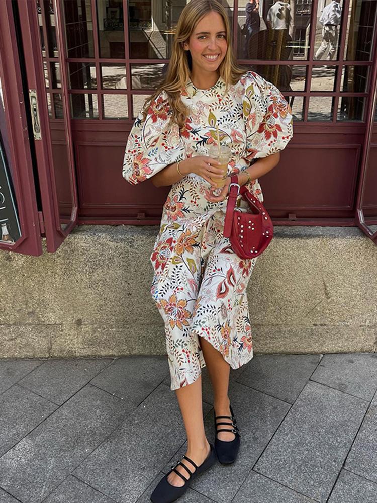 Vintage Blumendruck Lange Lose O-Ausschnitt Laterne Ärmel Weibliche Kleider Hohe Taille Sommer Dame Robe