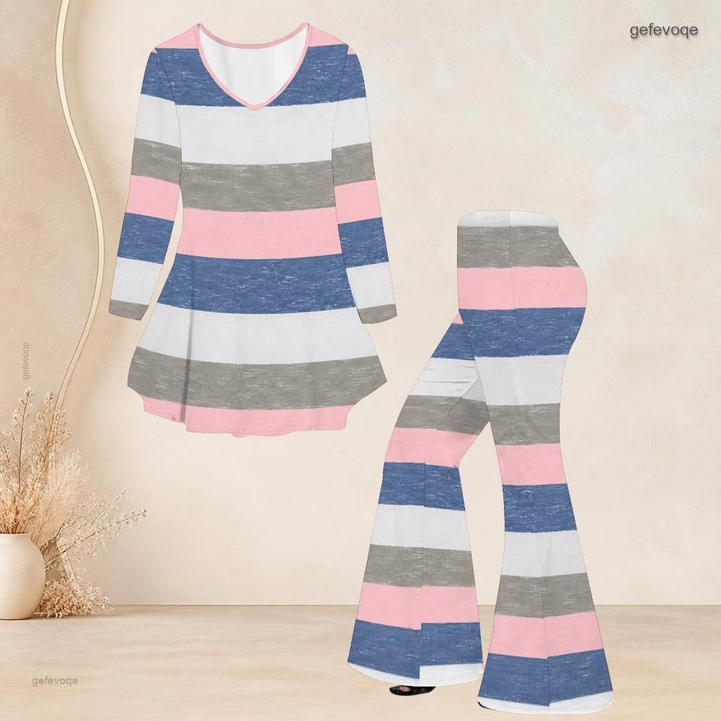 Women Plus Size Printed V Neck Three Quarter Sleeve Flared Top And Flared Pants Two Piece Set