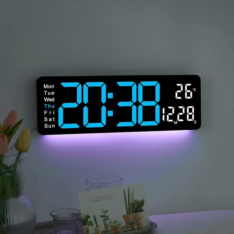 Rectangle Large Screen Digital Wall Clock with Atmosphere Light Date Time Week Temperature Display Electronic Alarm Clocks