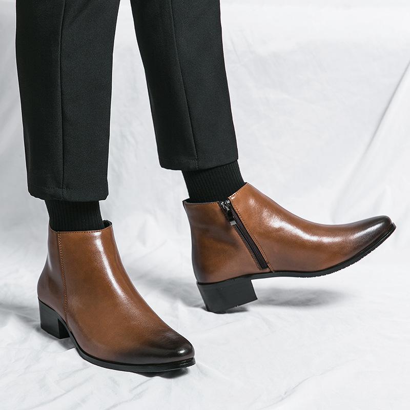 Chelsea boots winter leather velvet thermal leather boots pointed high-top leather shoes short boots Martin boots