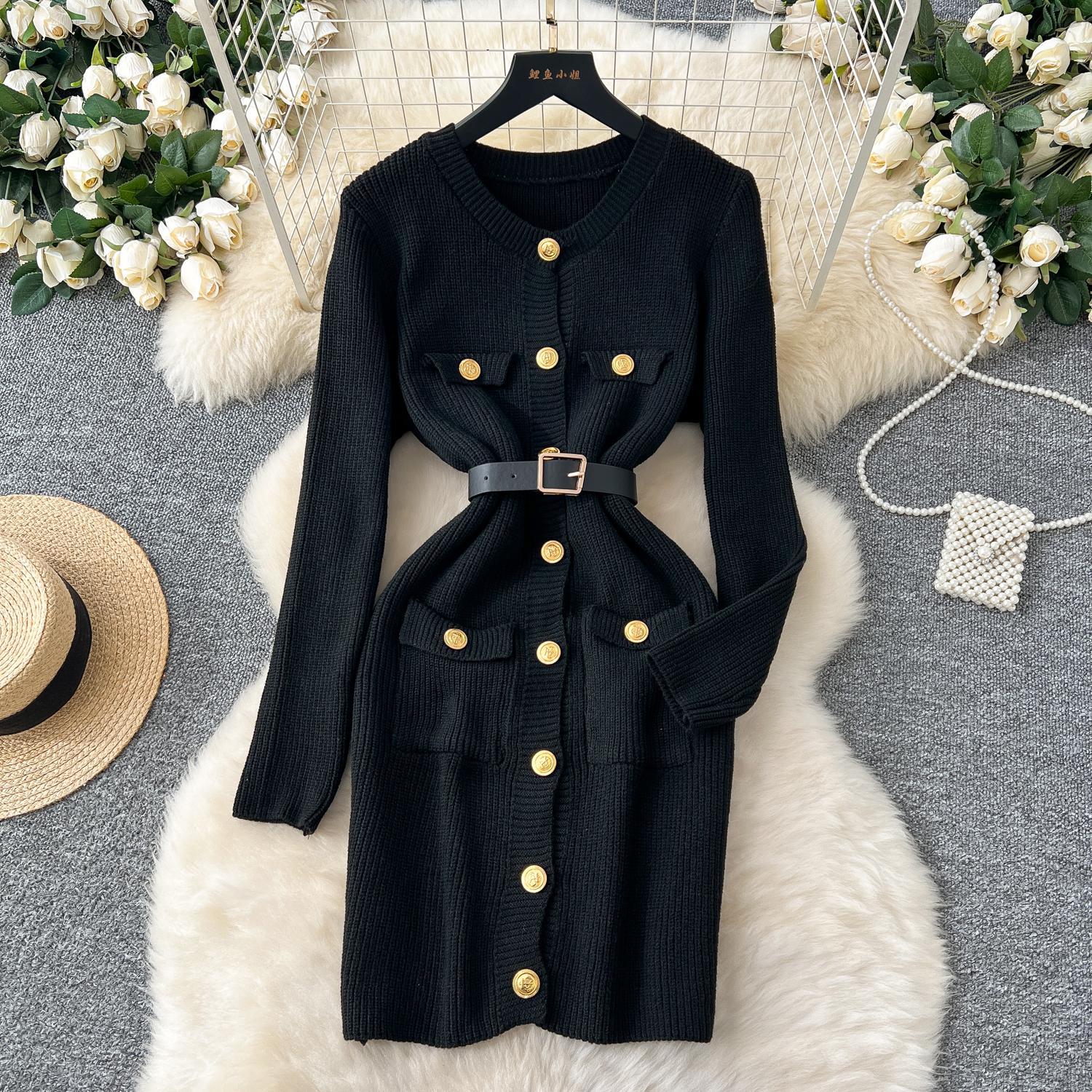 

Осінньо-зимовий жіночий елегантний однобортний кишеньковий в’язаний светр для офісних вечірок Міні-короткі тонкі облягаючі сукні-футляри з поясом One Size