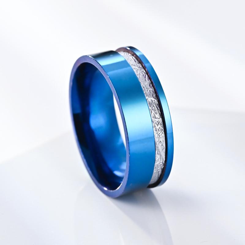 Fashion 8mm Men Blue Stainless Steel Wedding Ring Fashion Silver Color Meteorites Inlaid Steel Ring For Men Wedding Band