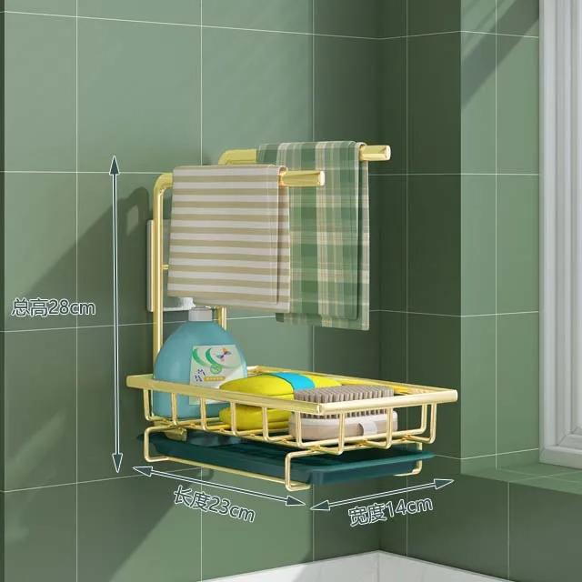 Sponge Holder Kitchen Sink Organizer with Towel Rack Drain Pan Wall Mounted&Desktop Dish Drainer Soap Dish Rack Drainer Sink