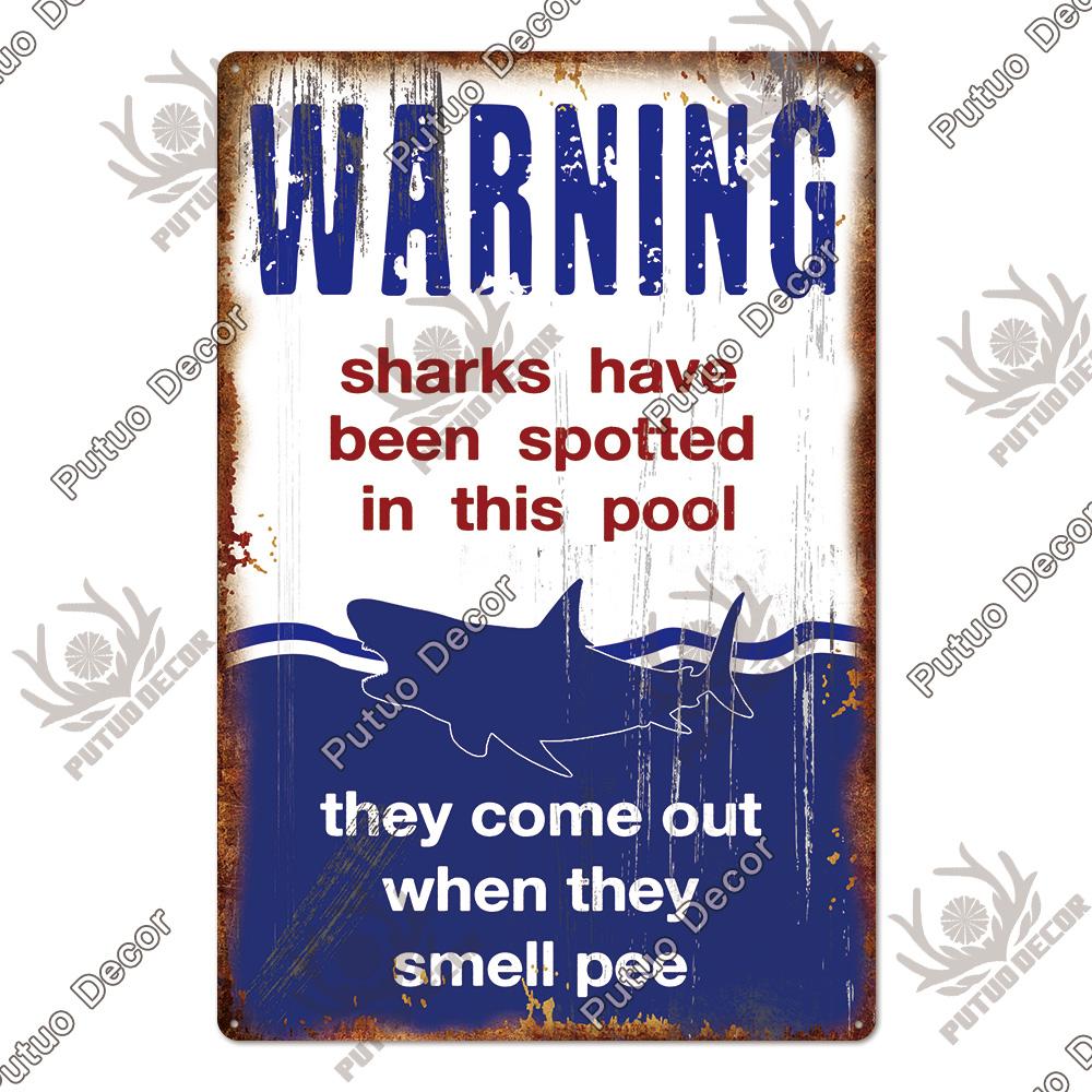 Putuo Decor Shark Sign Metal Signs Vintage Tin Sign Funny Warning Movie Poster for Bar Pub Kitchen Club Man Cave Wall Decoration