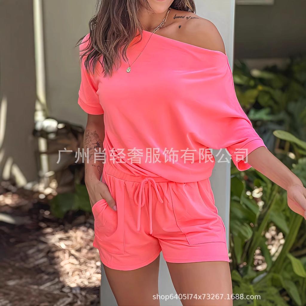 Spring/Summer One-Shoulder Pocket Jumpsuit with Drawstring Shorts