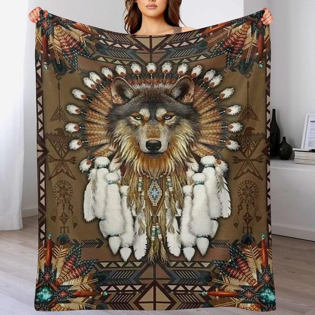 Indian totem wolf pattern digital-printed polyester Bedroom velvet flannel cover blanket Fleece soft cover blankets for beds