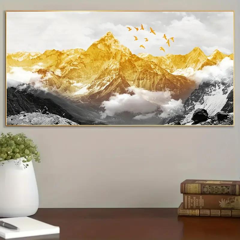 Unframed Canvas Poster, Modern Art, Golden Mountains And Birds In The Mountains Wall Art, Ideal Gift For Bedroom Living Room