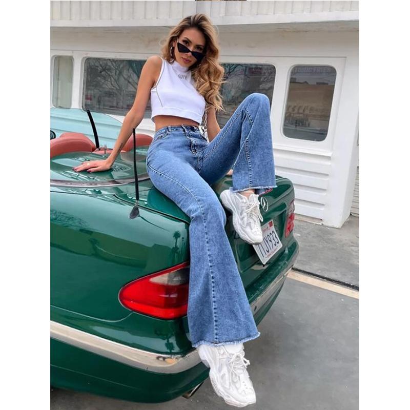 2021 Donna Fahsion Nuovi comodi jeans a vita alta Raw Hem Flare acquista in  modo economico — spedizione gratuita, recensioni reali con foto — Joom