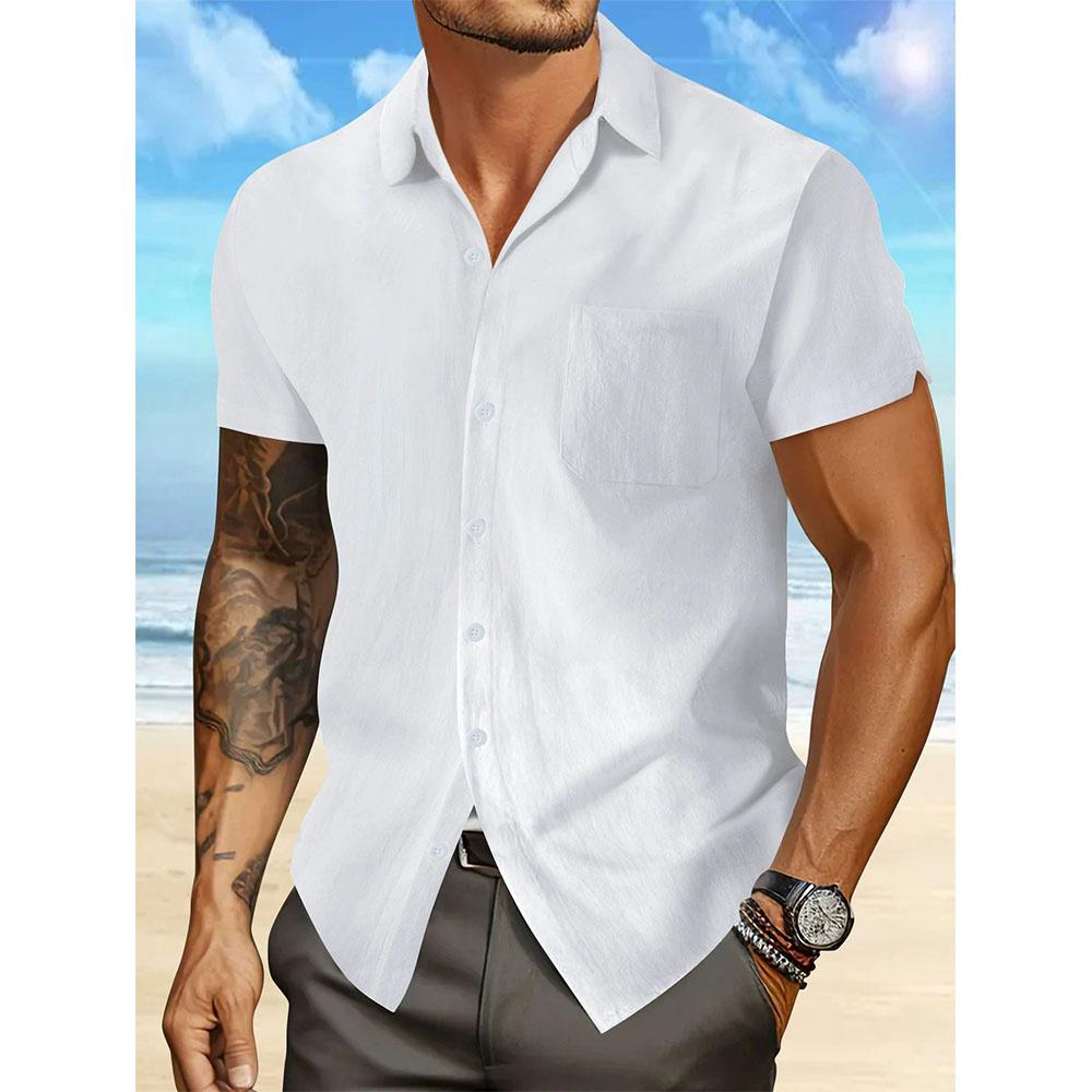 Short Sleeve Shirt for Men Summer New Fashion Casual Simple Style Cotton Linen Beach Style Solid Color Male Button Up