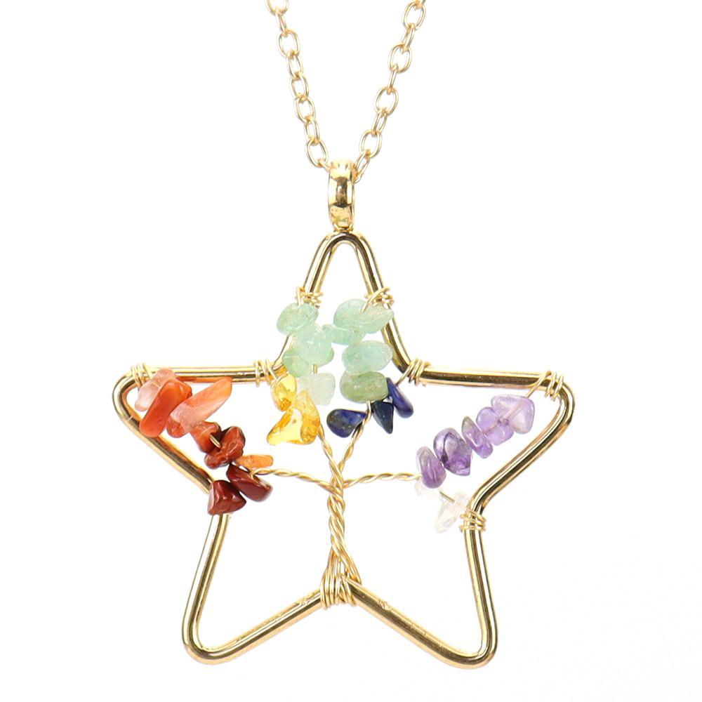 Color Retention Gold Hand-Wound Silk Natural Crystal Gravel Five-Star Tree Of Life Necklace N117
