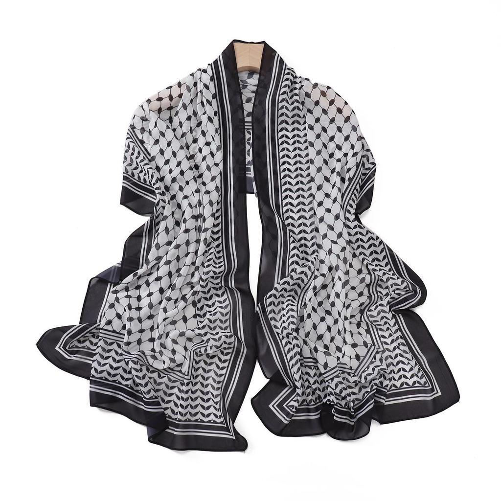 Arabic Pearl Chiffon Desert Hijab: Long Printed Silk Scarf & Sunscreen Headscarf