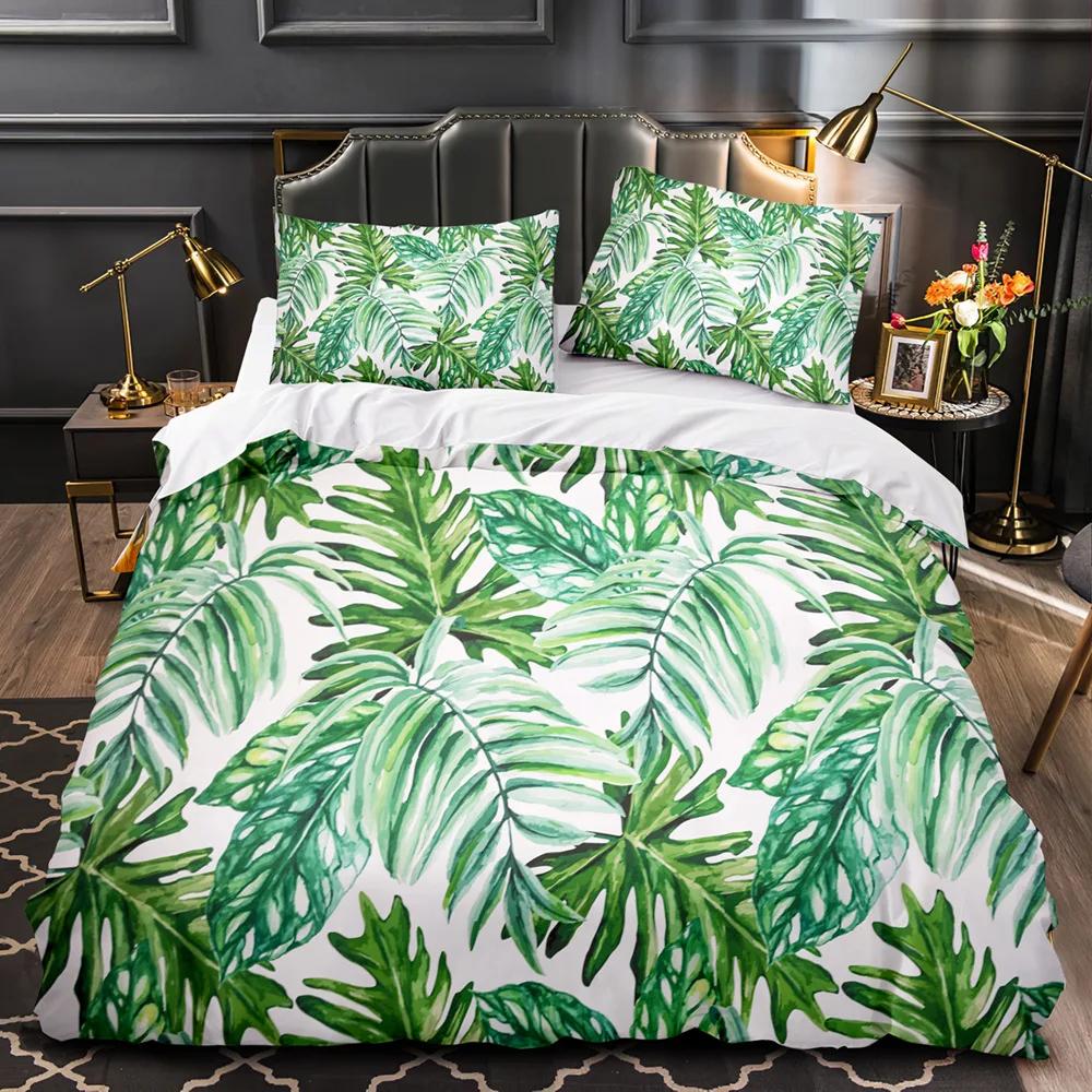 Tropical Plants Floral King Queen Duvet Cover Green Palm Leaves Bedding Set Cream-colored Flowers 2/3pcs Polyester Quilt Cover