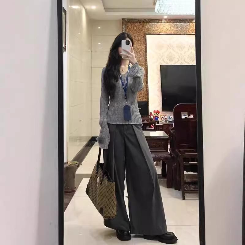 Slim-fit Gray Neck Sweater Lazy Style Knitted Sweater Spring Thin Spice Style Long-sleeved Inner Top Women