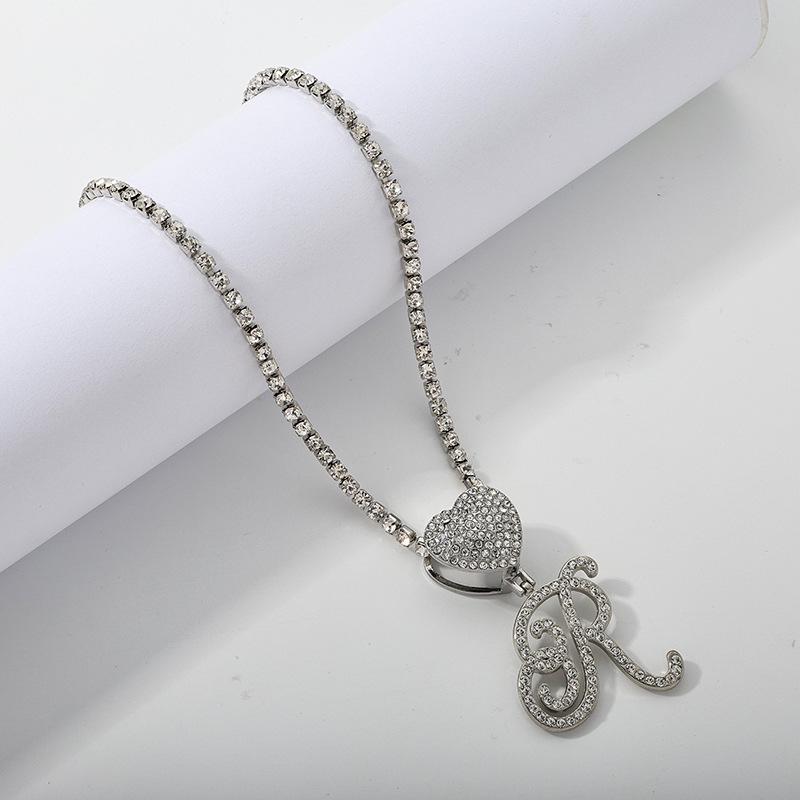 26 Flower Letter Necklace: Hip Hop Heart Pendant with Full Diamond Inlaid Tennis Chain for Women