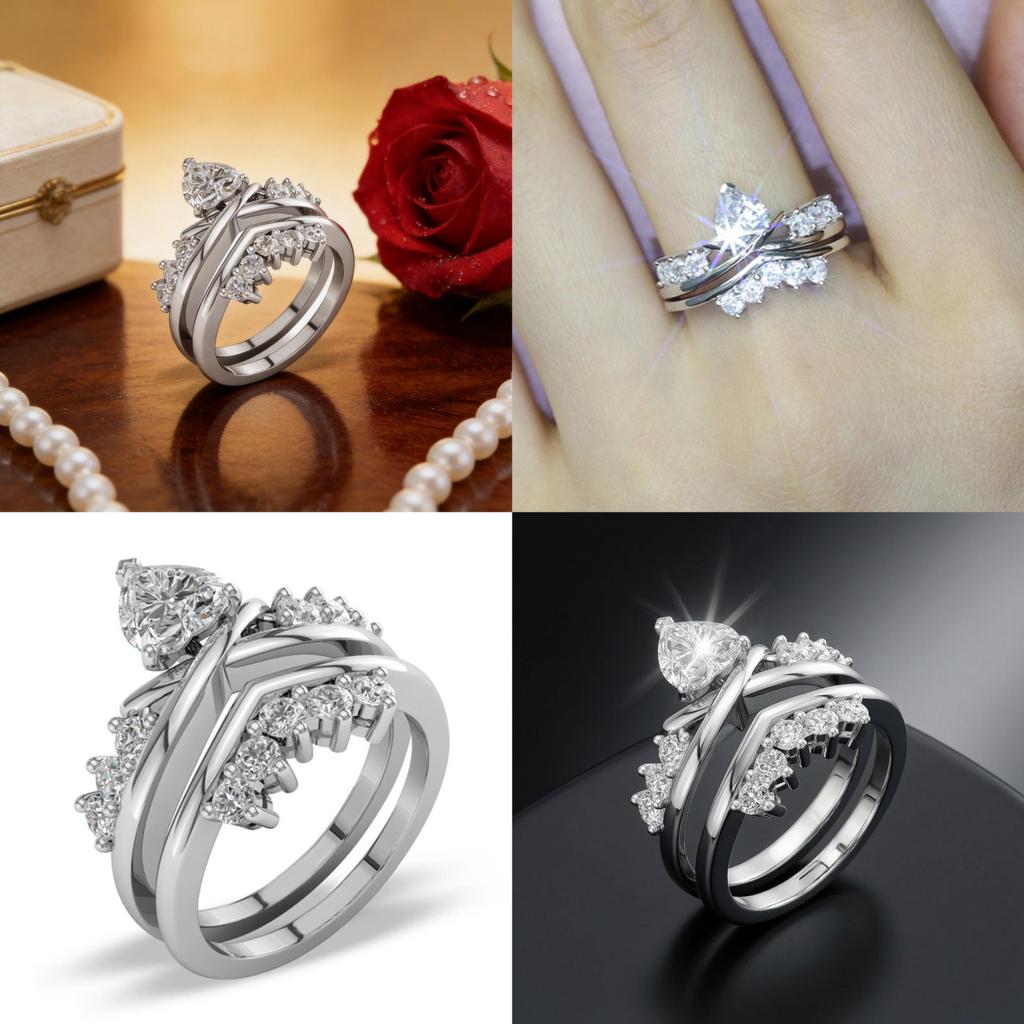 Elegant Heart Diamond Ring Set With Cross Design For Wedding And Anniversary Gifts
