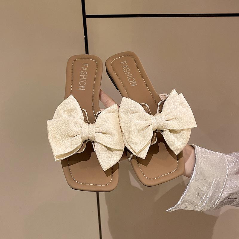 Bow slippers women's summer wear new fashion home flat bottom non-slip soft bottom one-word sandals