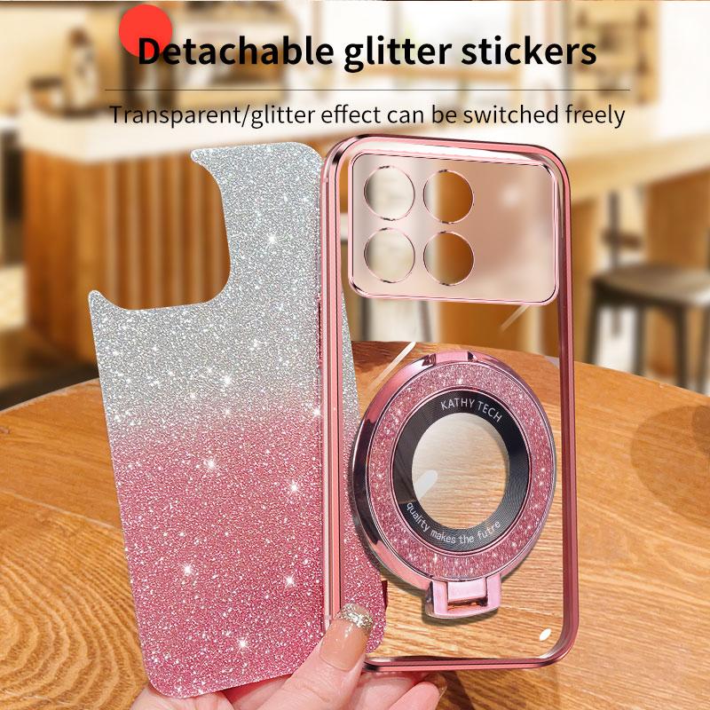 For Poco X6 Pro Magnetic Bling Ring Holder Case,Detachable Glitter Sticker Chromed TPU Case With Stand For Redmi K70E K70 Pro