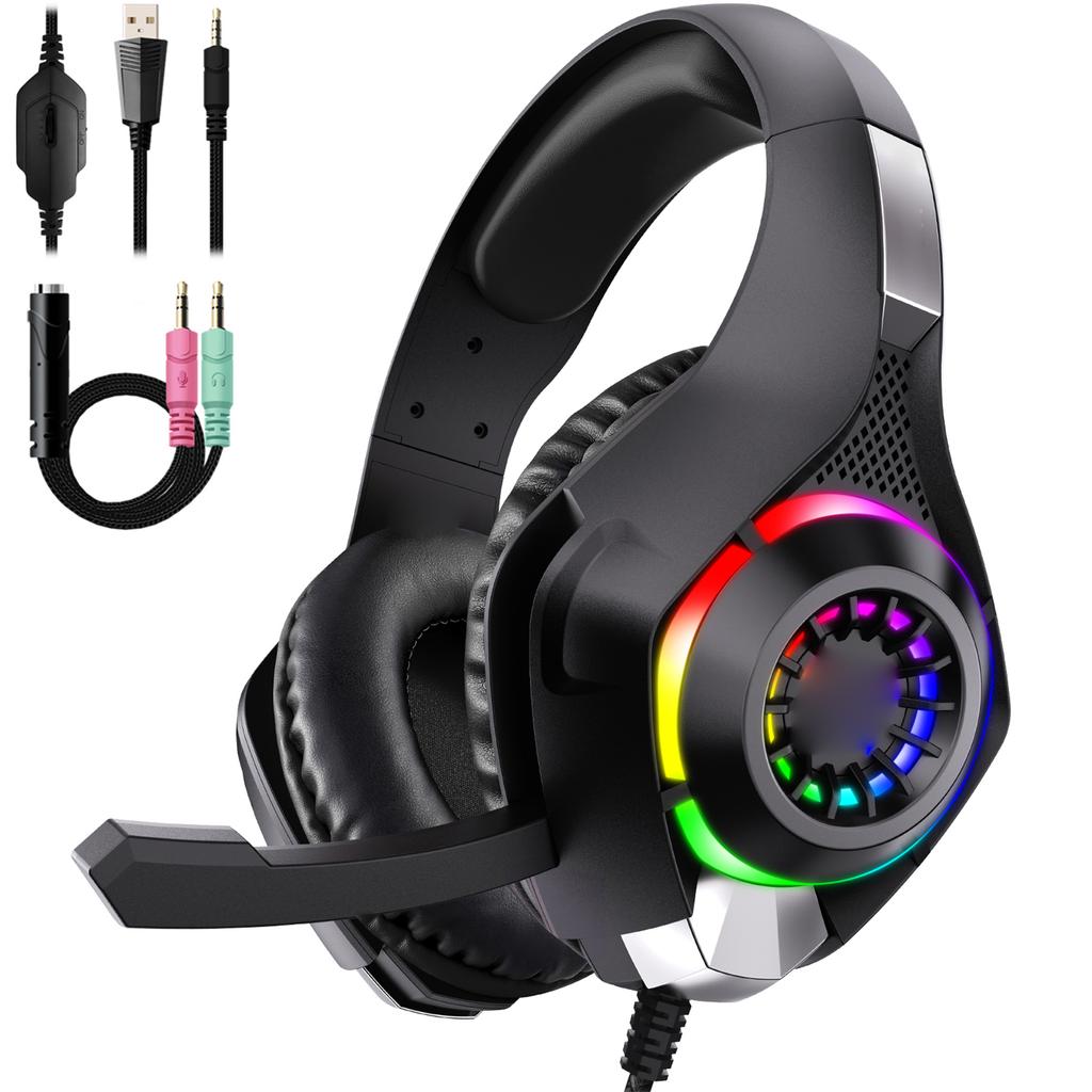 Gaming Headset, Over Ear Gaming Headphones with Noise Canceling Mic, RGB Lighting for PC Mobile Black