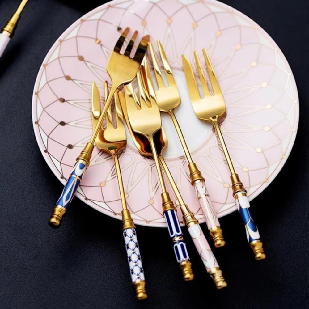Stainless Steel Dessert Spoon Fork Ceramic Handle Fruit Forks Pastry