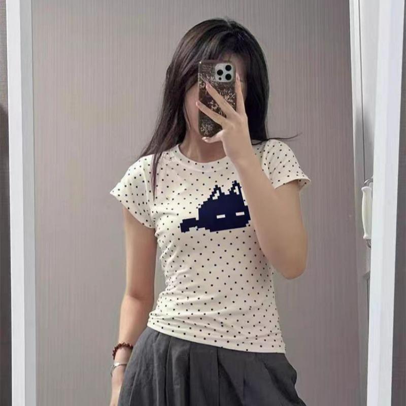 

Cat Polka Dots Right Shoulder Short Sleeve Female Cute Sweet Style Versatile Slim Hot Girl Niche Student Top L білий