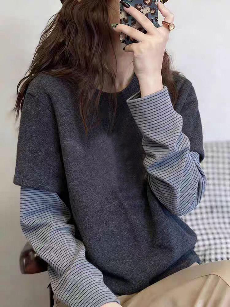 Women's Brushed Stripe Two-in-One Long-Sleeve T-Shirt: Thick, Warm, Versatile Base Layer for Autumn/Winter Fashion