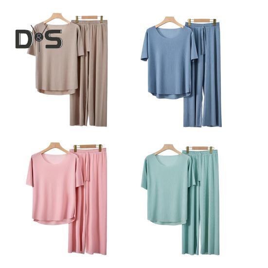 2-teiliges Sommer-Pyjama-Set mit O-Ausschnitt, kurzärmeligem T-Shirt, elastischer Bund, lange Hosen, einfarbige Nachtwäsche aus Eisseide