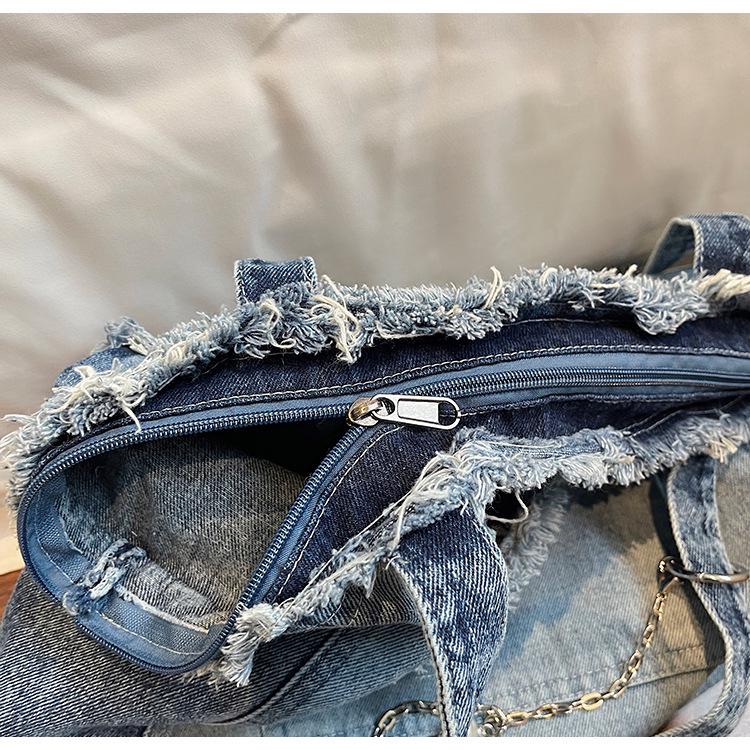 Niche Raw Edge Denim Tote Bag 2025, Women's Large Capacity Commute Shoulder Bag with Fashion Silk Scarf