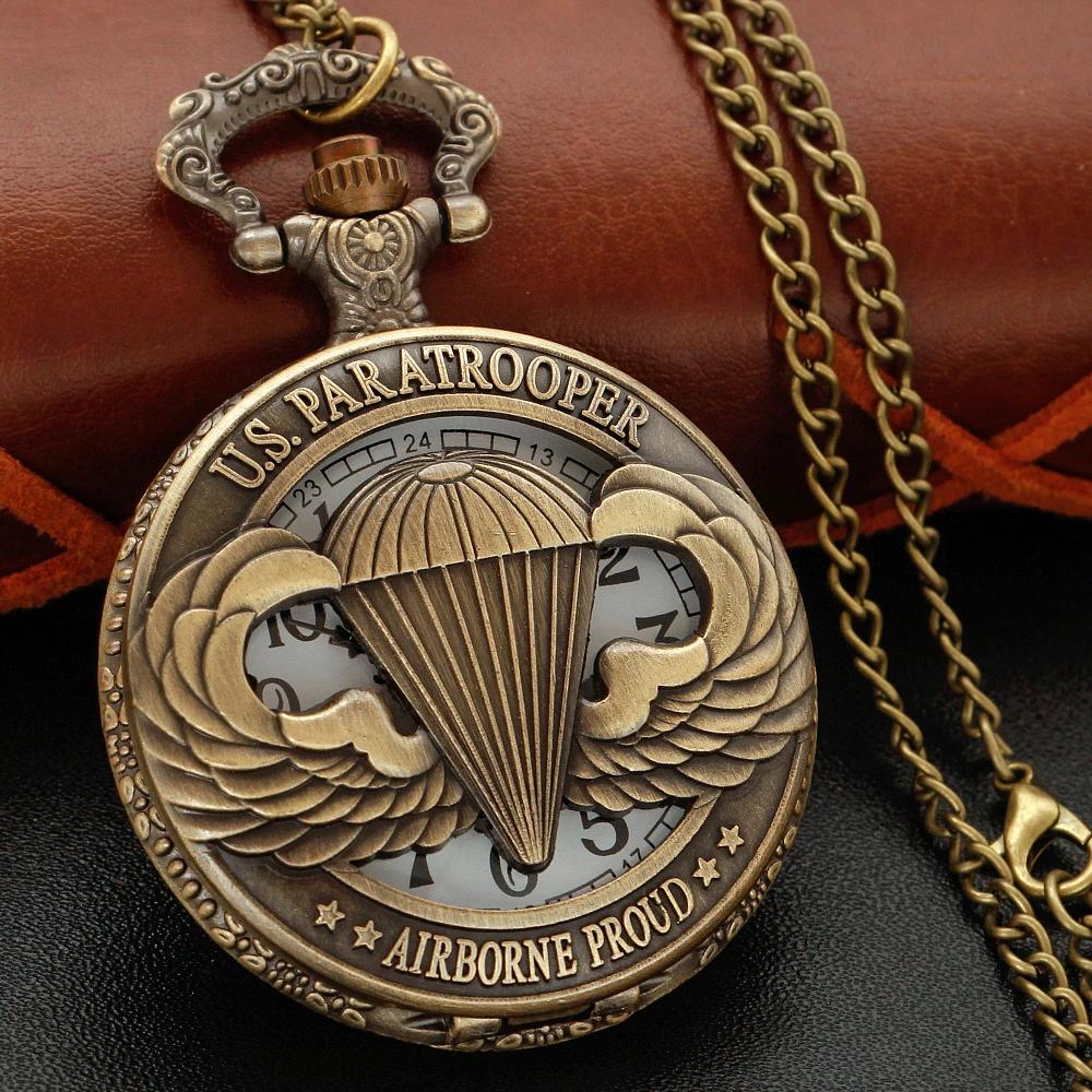 

10pcs/lot Wholesale Combat Squadron Airborne Quartz Pocket Watch with Chain Men Women Necklace Timing Pendant Jewelry Gift Clock бронзовый