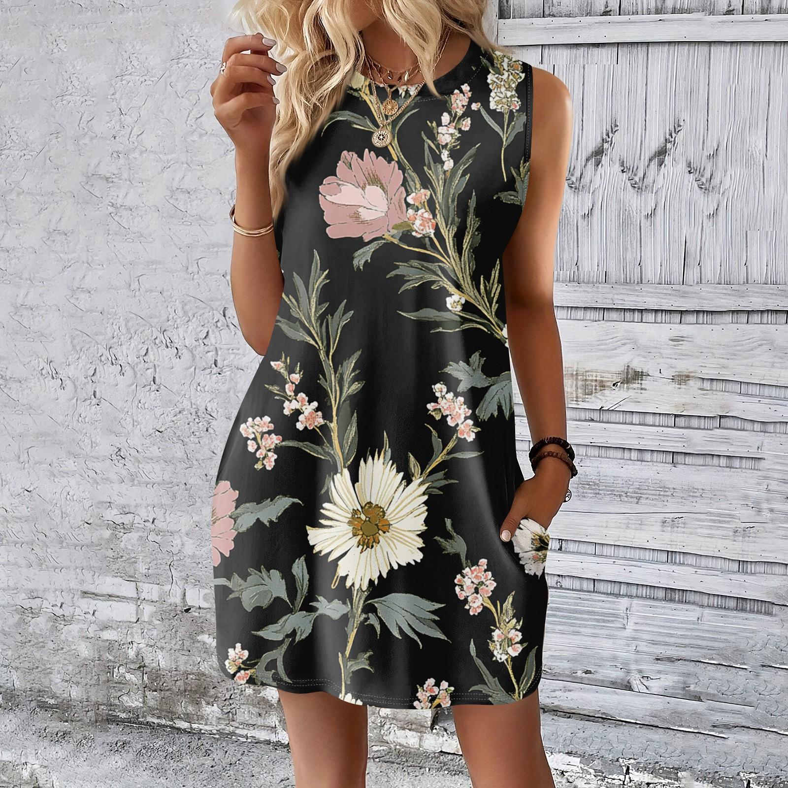 

Женское повседневное и модное платье средней длины с круглым вырезом и без рукавов с принтом L