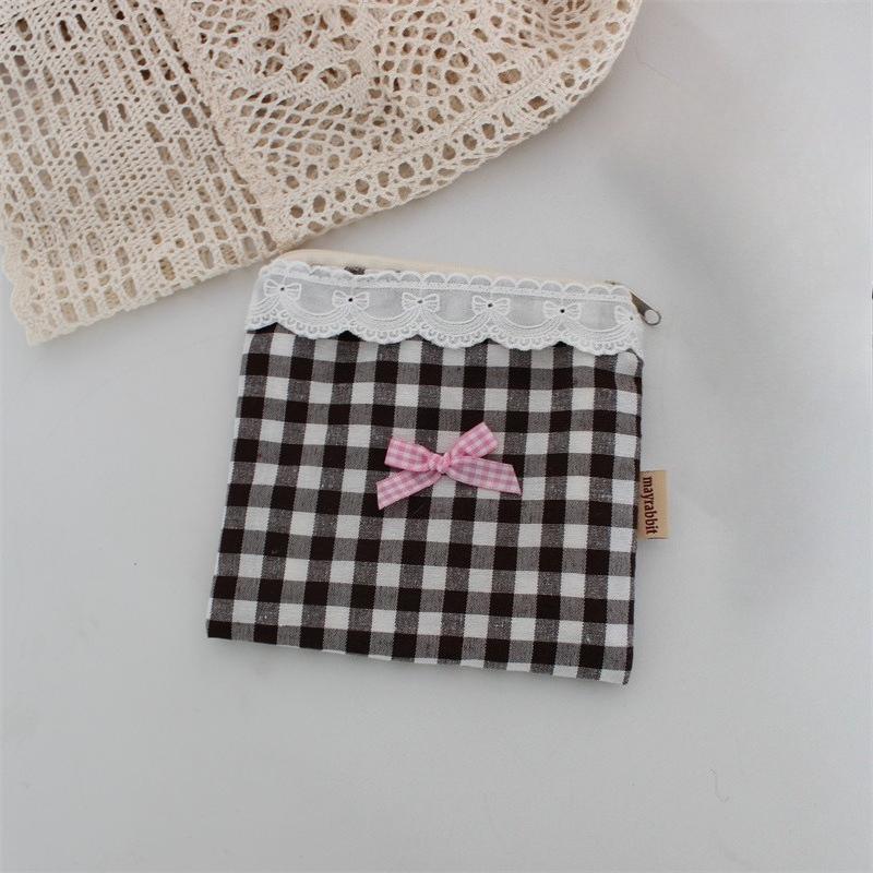 Ins Cute Plaid Coin Purse Sweet Lace Storage Bag Sanitary Napkin Bag High-value Lipstick Cosmetic Bag