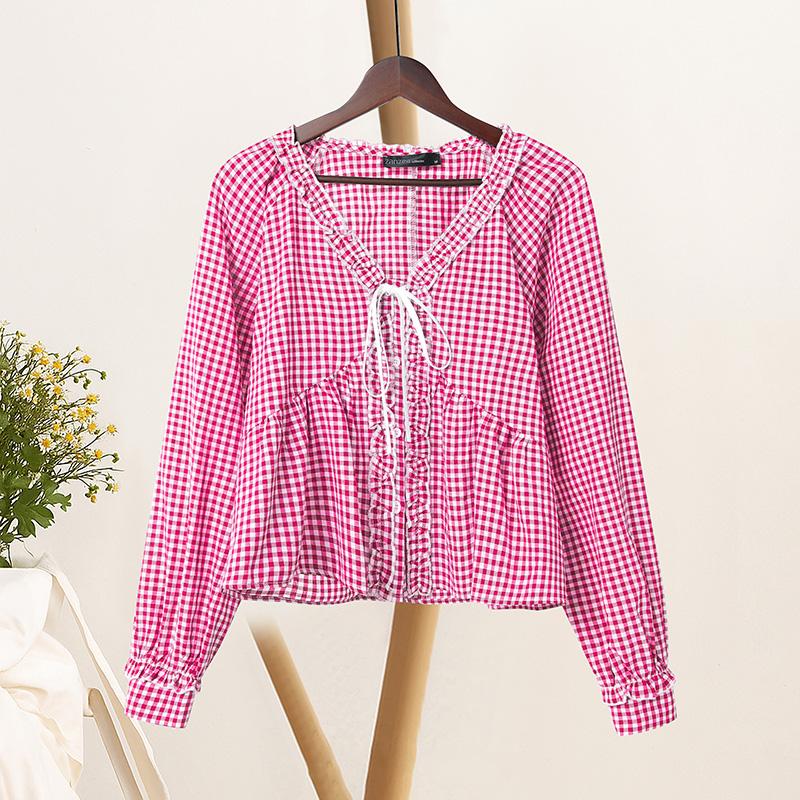 ZANZEA Women Casual V-Neck Plaid Print Loose Long Sleeve Blouse